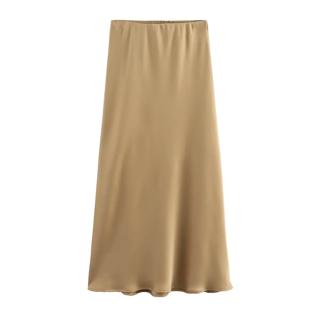 High waist satin midi skirt worn styled outfit gold