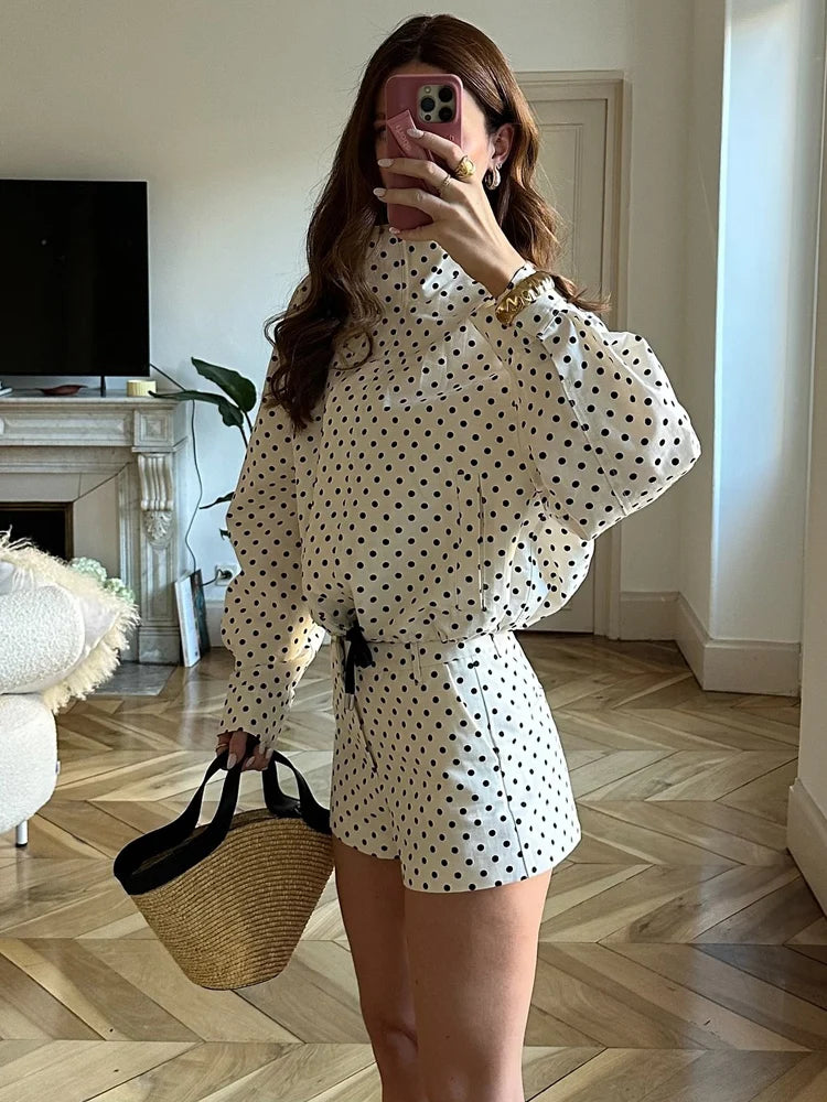 Polka Dot Casual Jacket Women's Zip-Up Turtleneck Coat