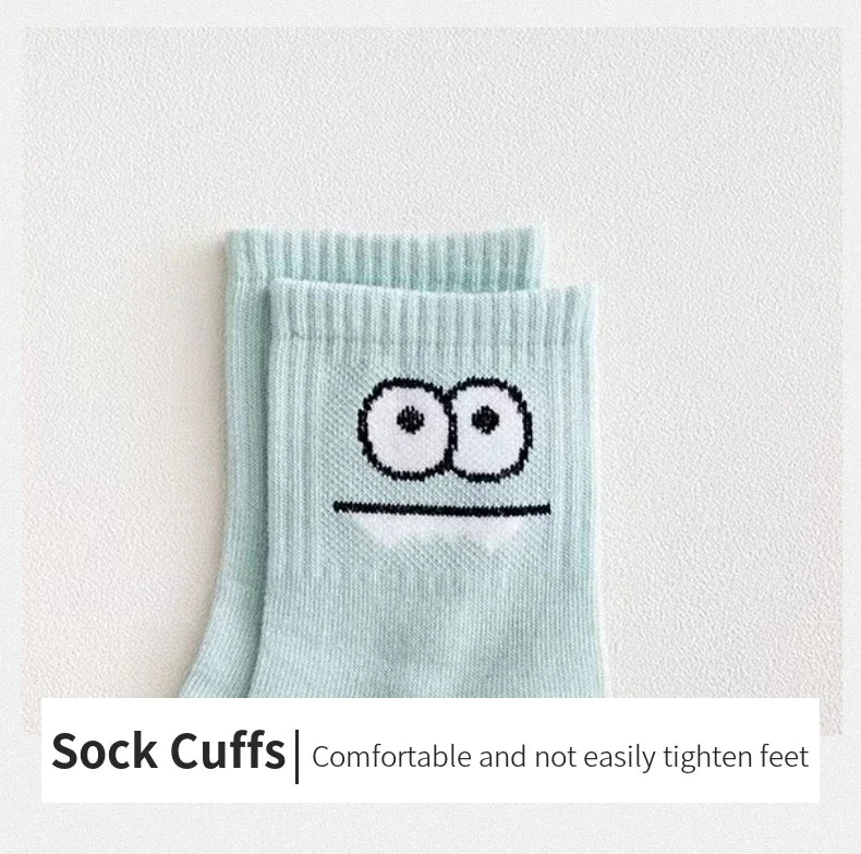 Women's funny expression print crew socks worn on feet