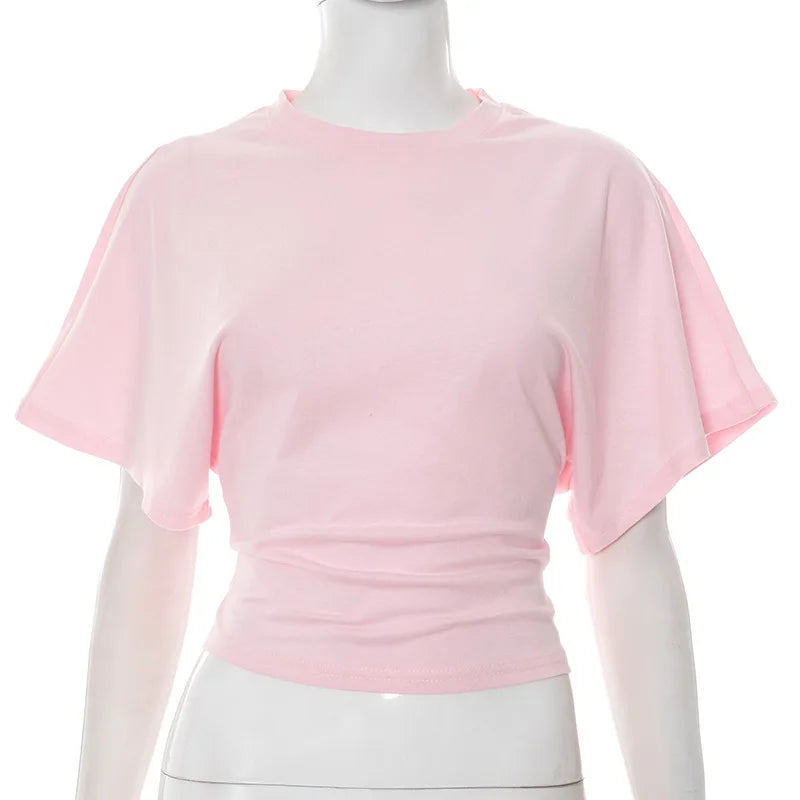 Cotton cropped crew neck top waistline closeup