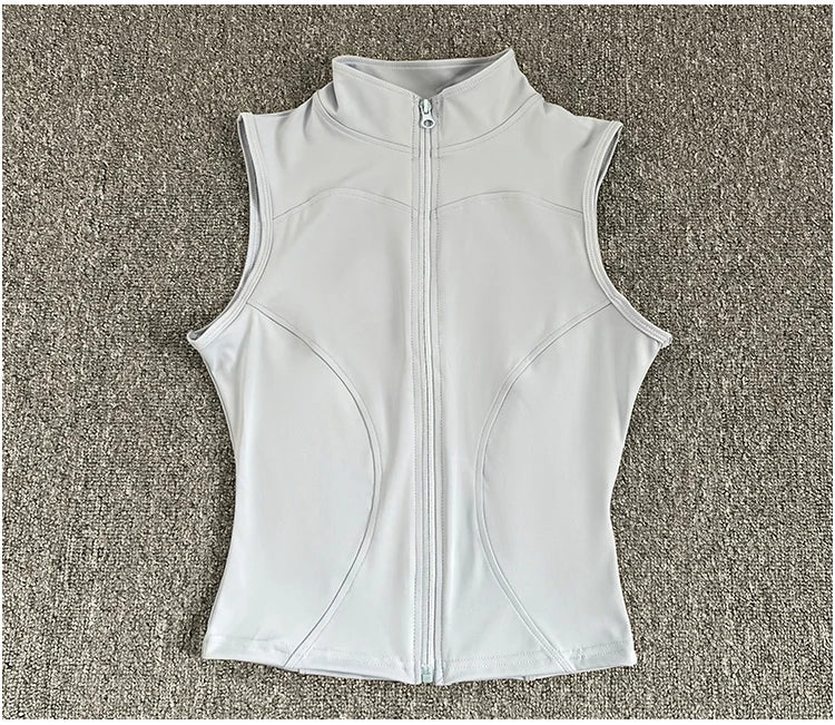 Women's zip-up yoga fitness tank top front view white