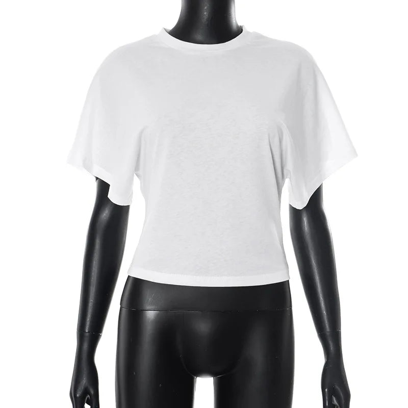 Cotton cropped crew neck top sleeve detail