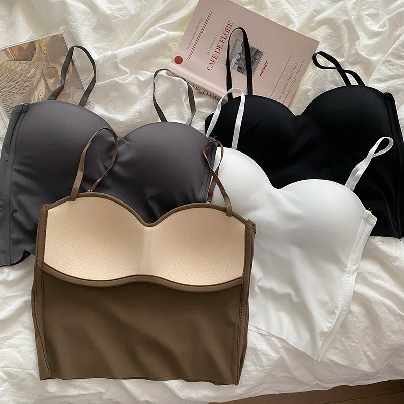 Seamless camisole with built-in cups beige flat lay