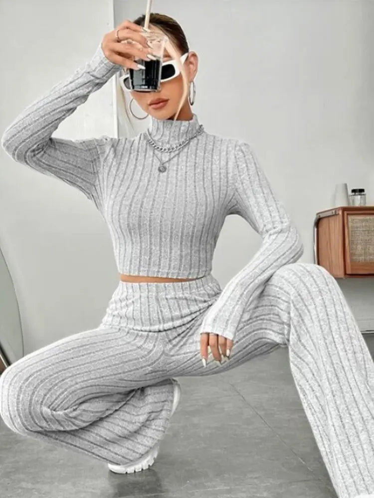 Crop Top and Trumpet Pants Set Stand Collar Two-Piece
