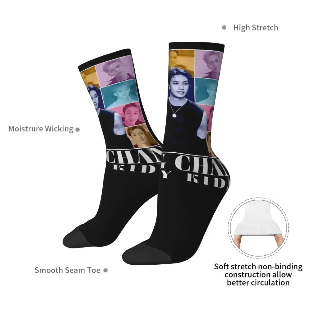 Men's printed skateboard crew socks worn on feet