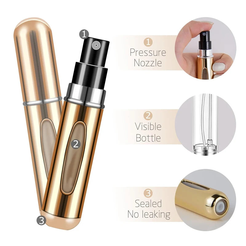 Mini Perfume Atomizer Bottles in silver, black, blue, and gold for stylish travel fragrance.