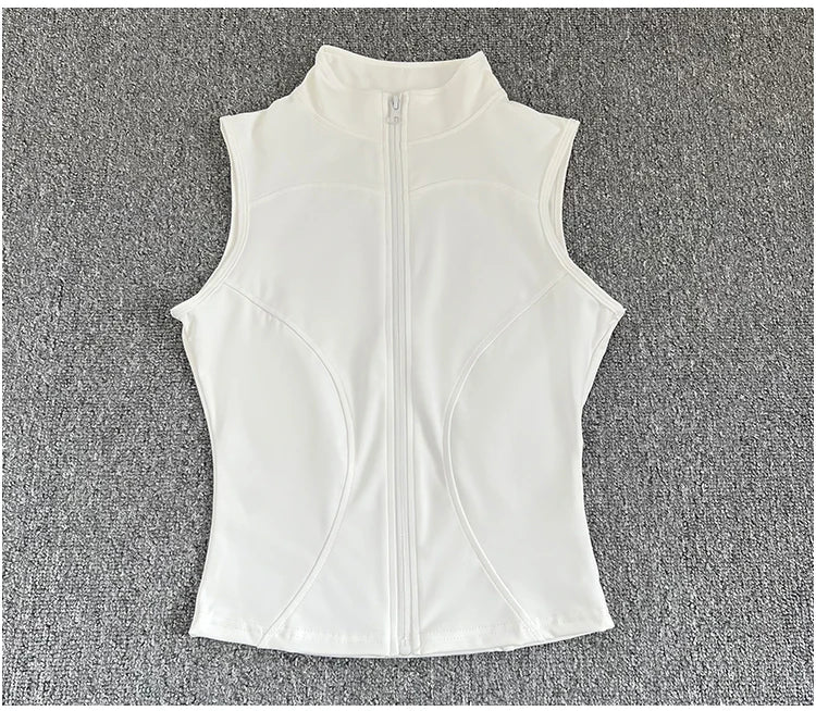 Women's zip-up yoga fitness tank top front view white