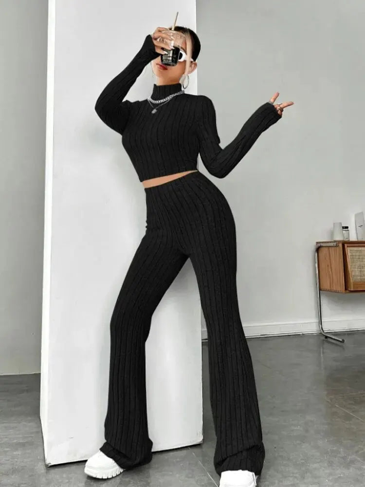 Crop Top and Trumpet Pants Set Stand Collar Two-Piece