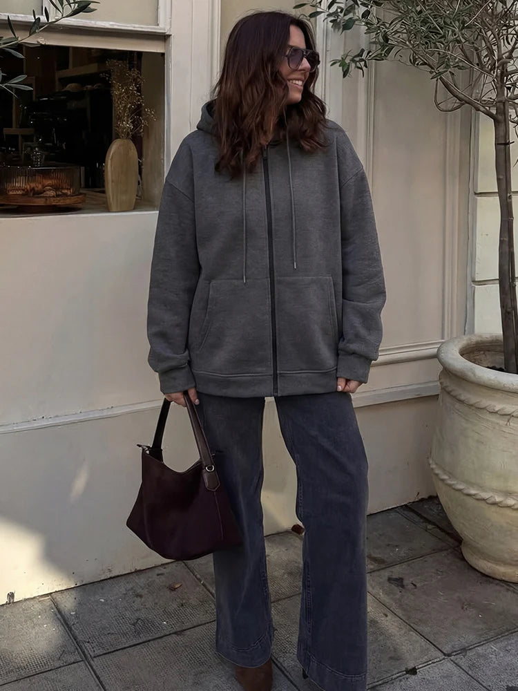 Women's zip-up hoodie jacket front view dark grey