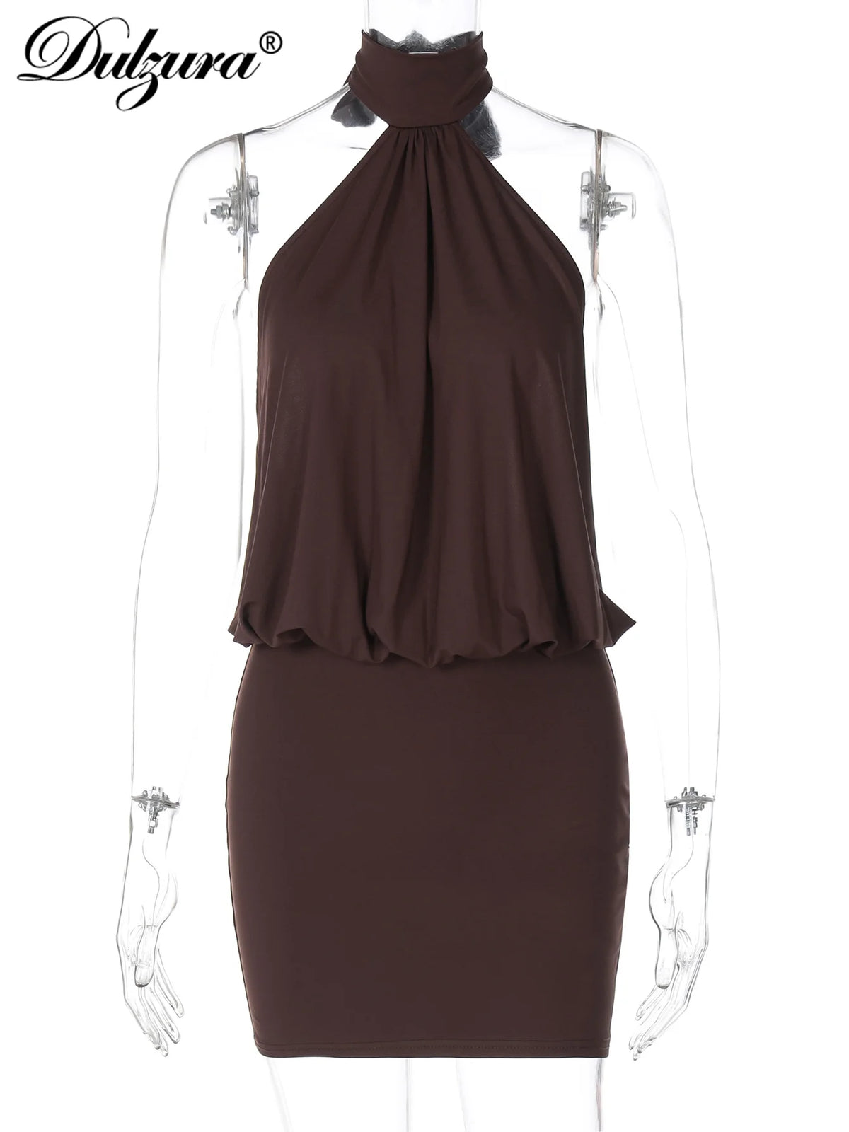 Women's backless halter bodycon mini dress front view black