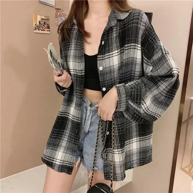 Vintage plaid shirt brown check full body standing