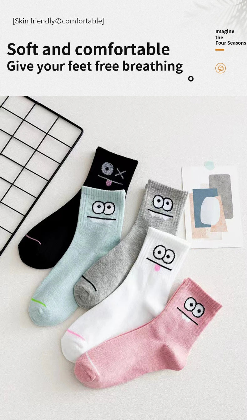 Women's funny expression print crew socks worn on feet