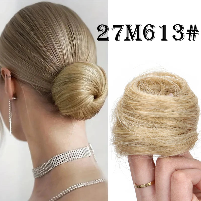 Synthetic hair bun extension worn on model