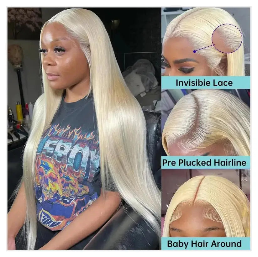Bone straight blonde wig worn on model