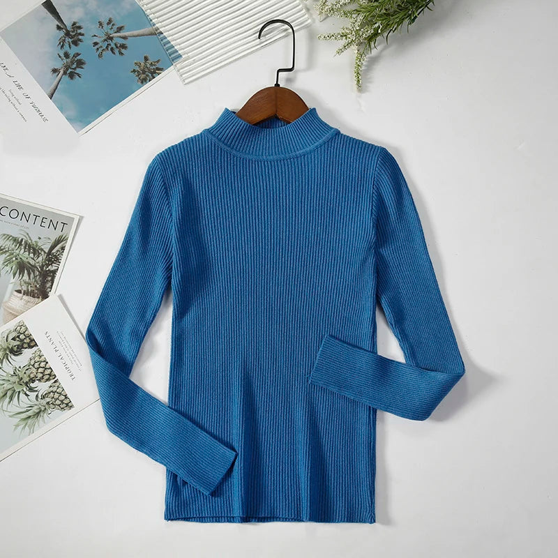 Soft turtleneck sweater front view blue