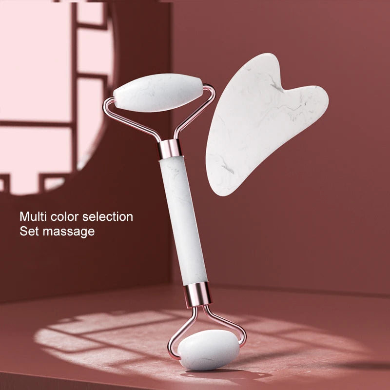 Facial massage roller scraper set worn in use