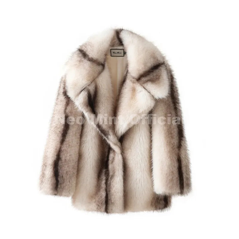 Women's faux fur striped oversized coat front view brown