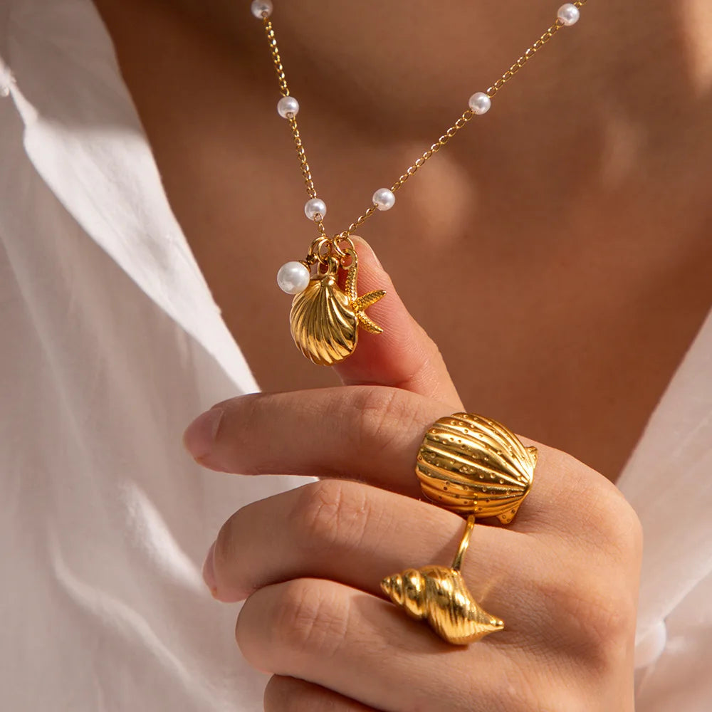 Pearl starfish shell necklace full view gold