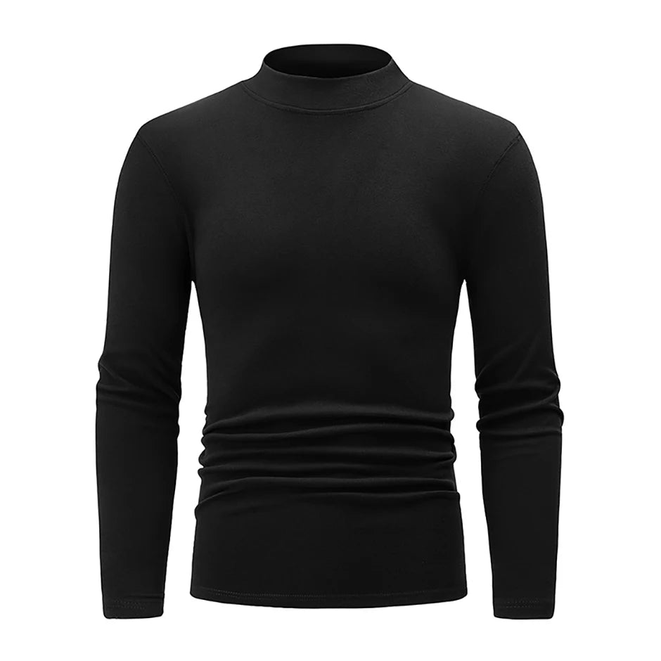 Men's semi-turtleneck long sleeve top worn under jacket