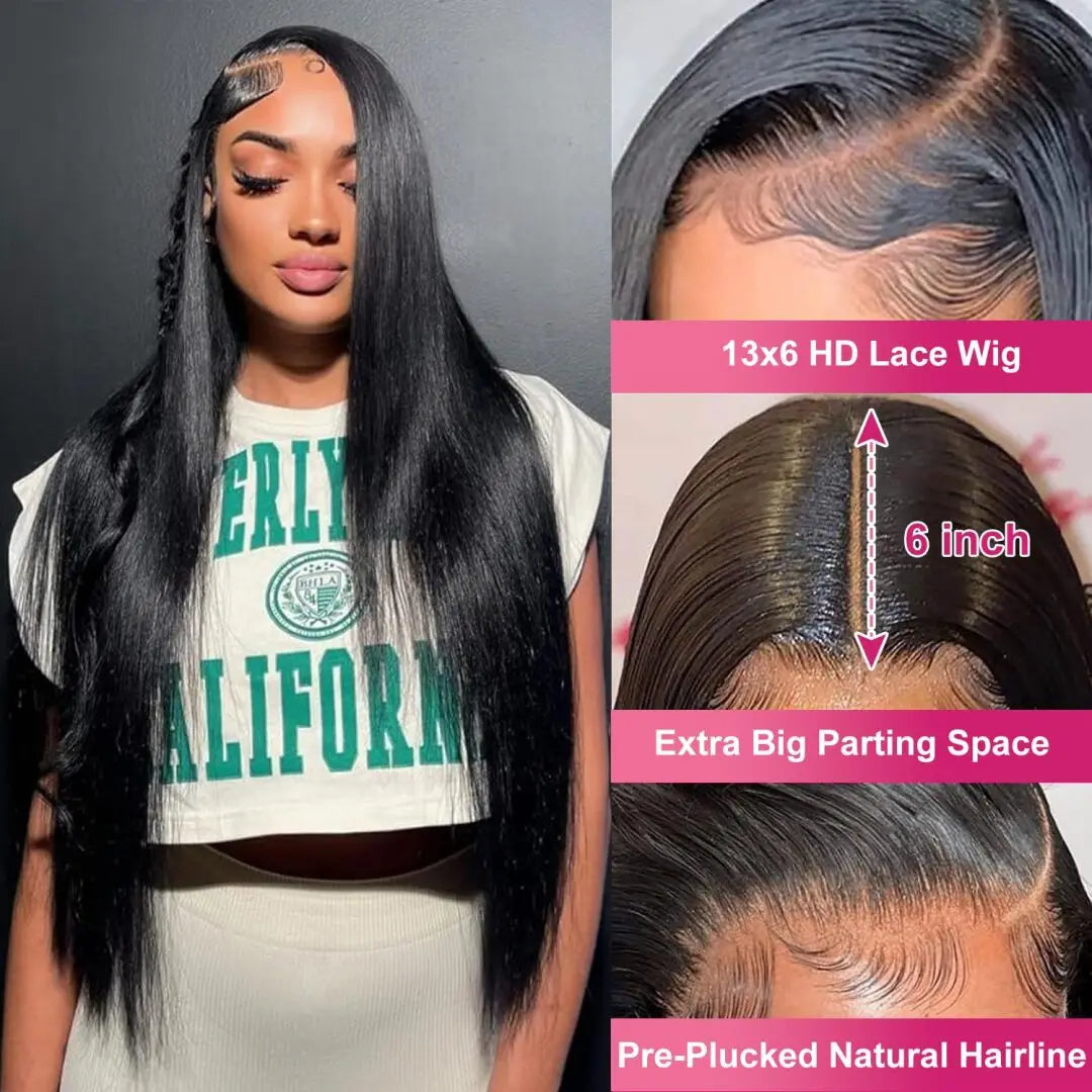 HD lace front straight human hair wig worn on model