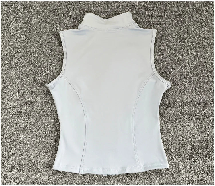 Women's zip-up yoga fitness tank top front view white