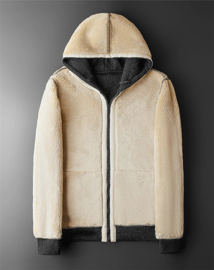 Hooded lambswool coat front view dark grey