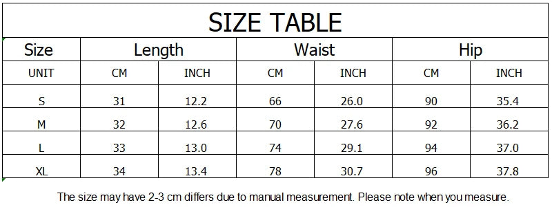  High waisted casual shorts size chart measurements