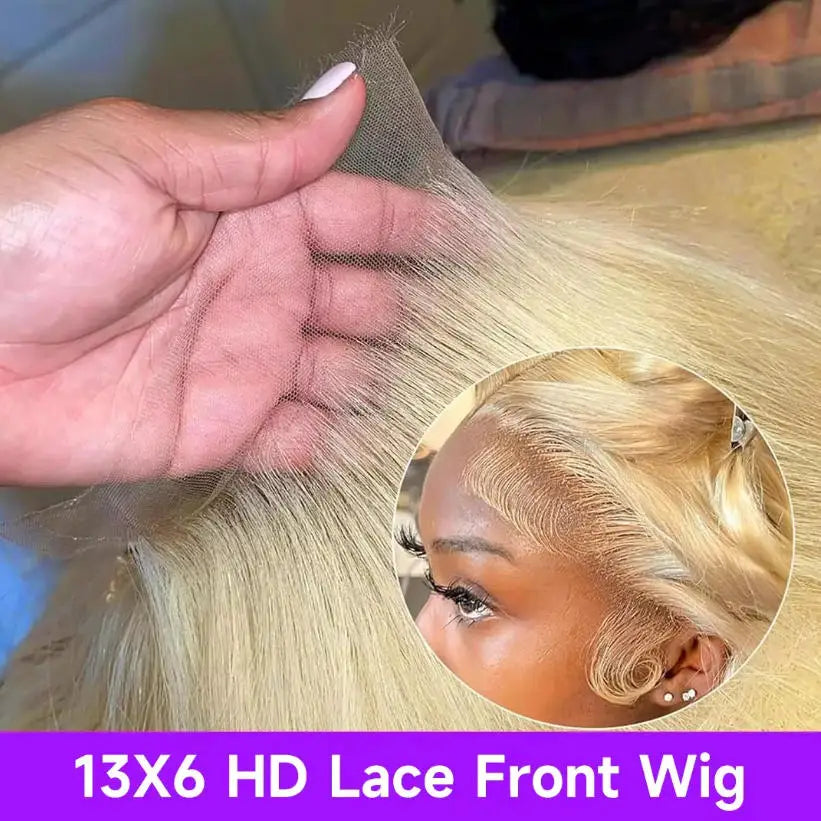 Bone straight blonde wig worn on model
