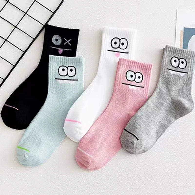 Women's funny expression print crew socks worn on feet