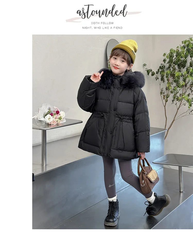 Girls fur-hood winter parka worn by child
