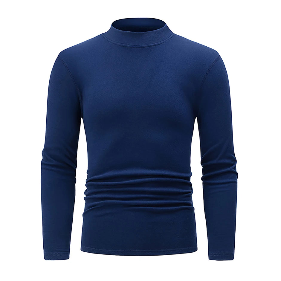 Men's semi-turtleneck long sleeve top worn under jacket