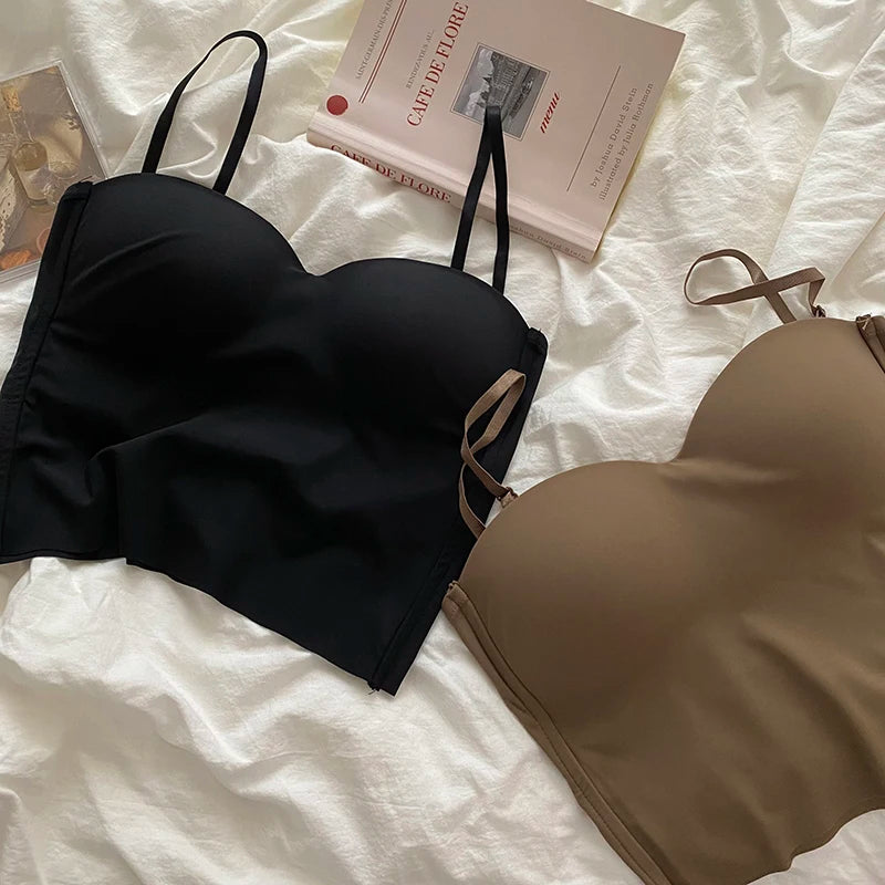 Seamless camisole with built-in cups black and beige folded