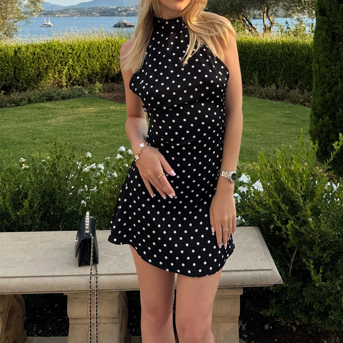 Polka dot halter dress side view fit