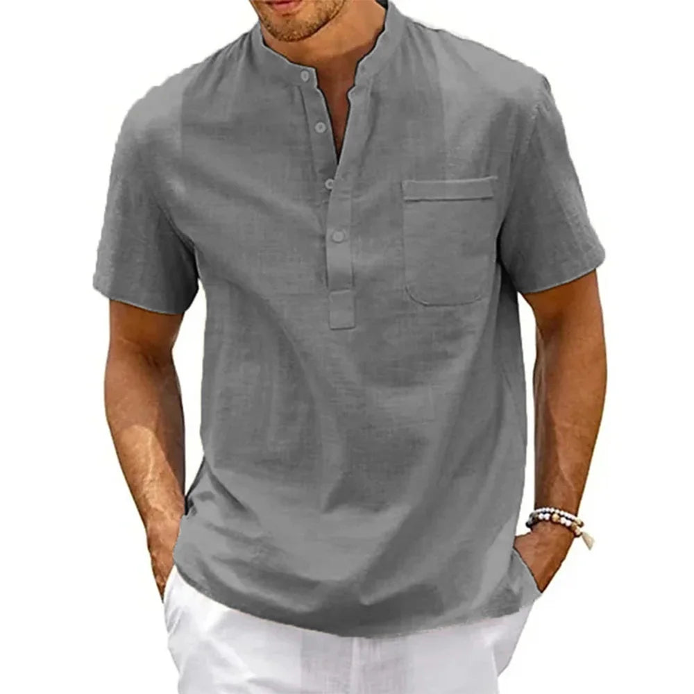 Men's linen henley beach shirt front view green