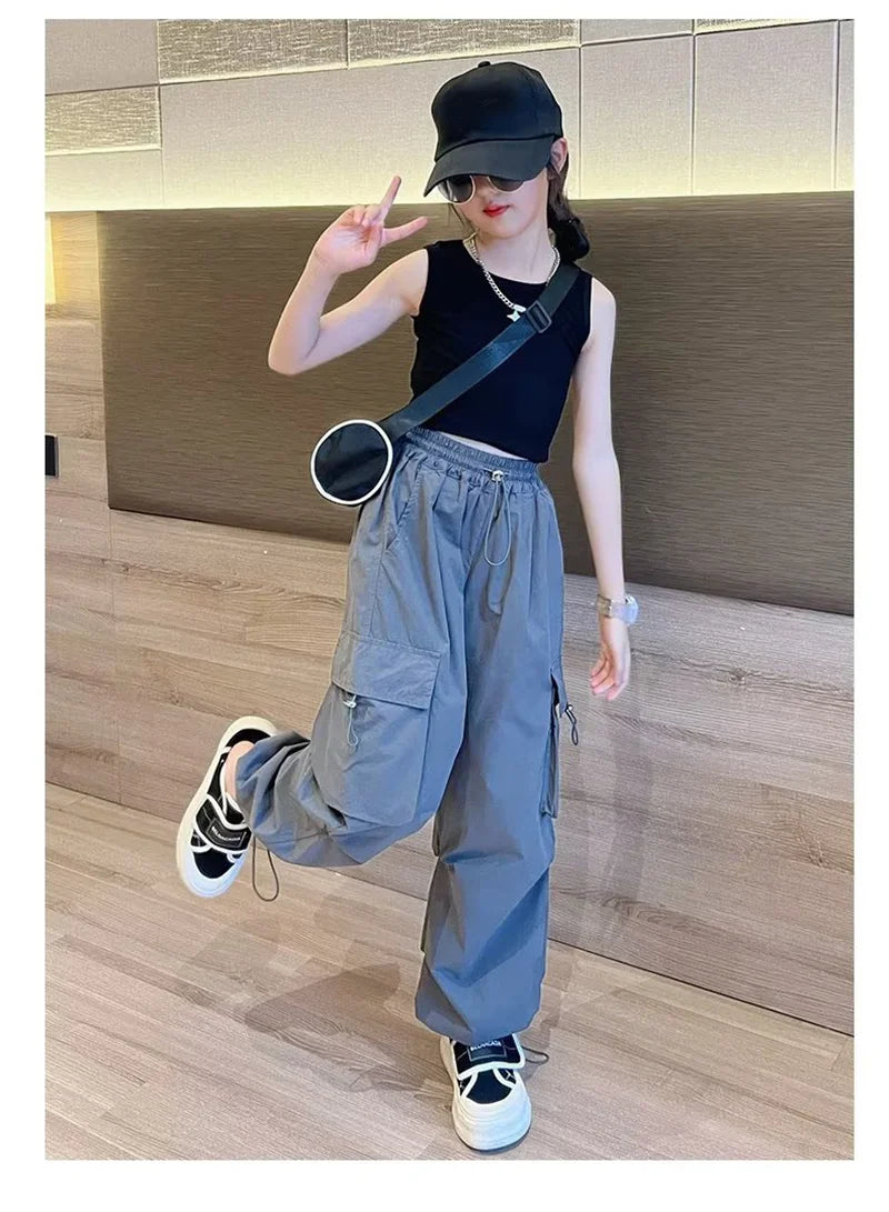 Girls cargo jogger pants waistband detail