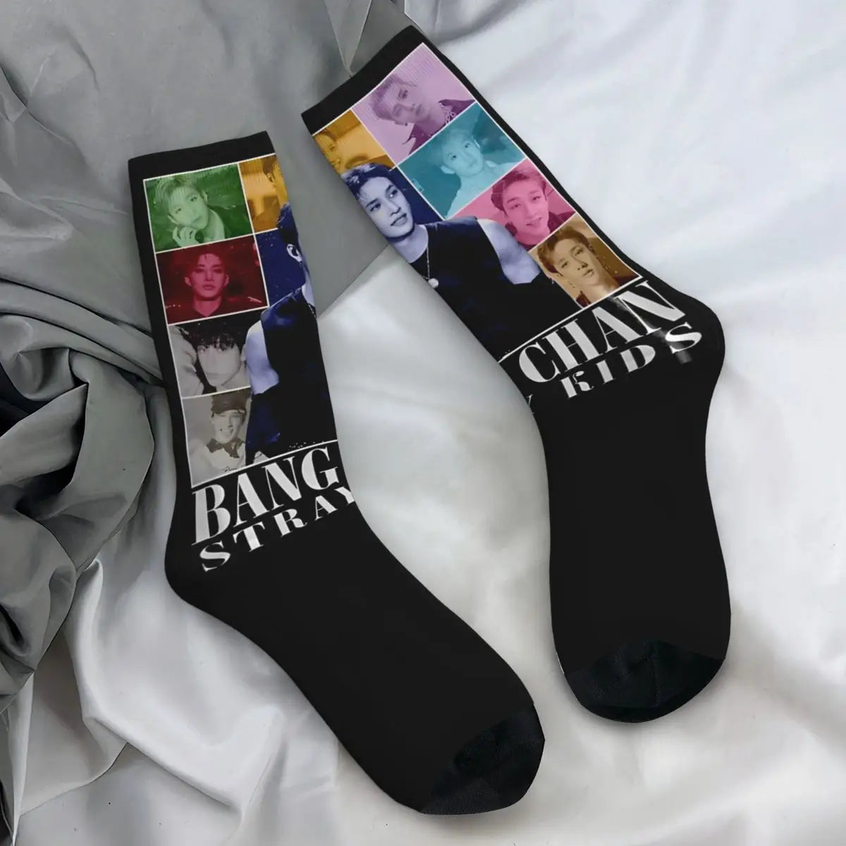 Men's printed skateboard crew socks worn on feet