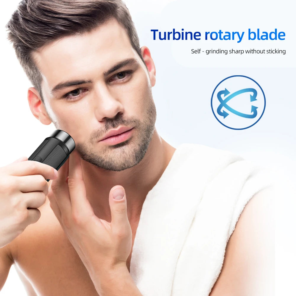 Mini Rechargeable Electric Shaver shown charging via USB port, highlighting travel-friendly design.