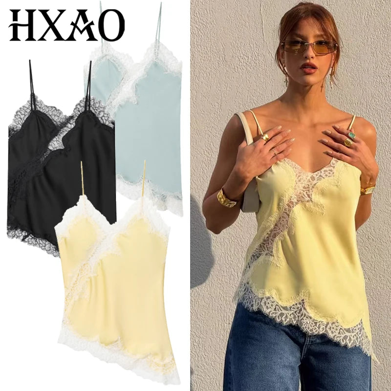 Asymmetrical backless camisole front view khaki yellow