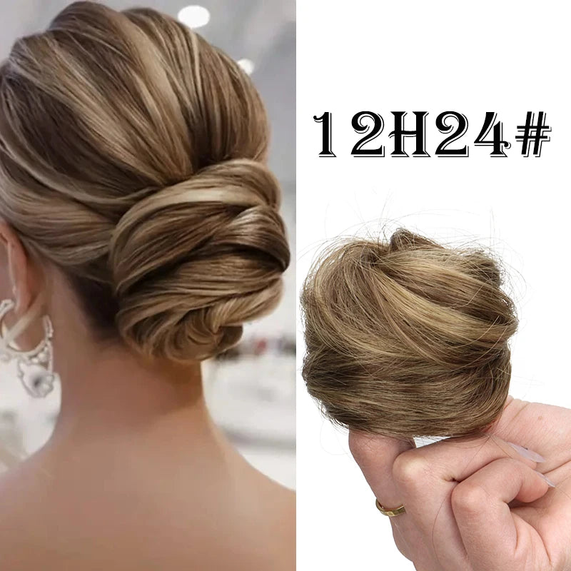 Synthetic hair bun extension worn on model