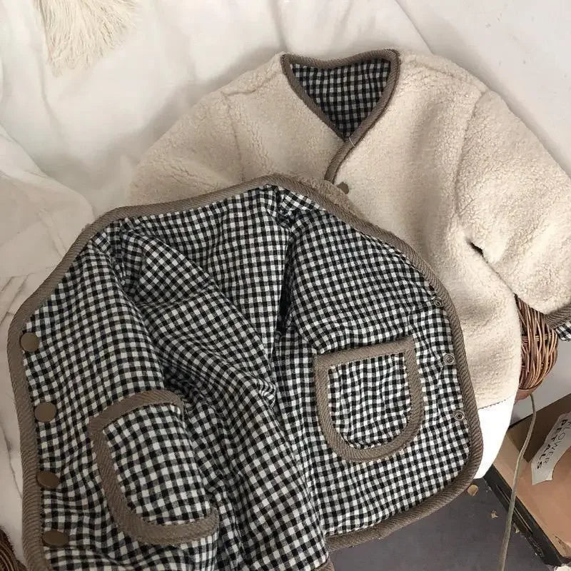 Kids reversible plaid jacket cream color option