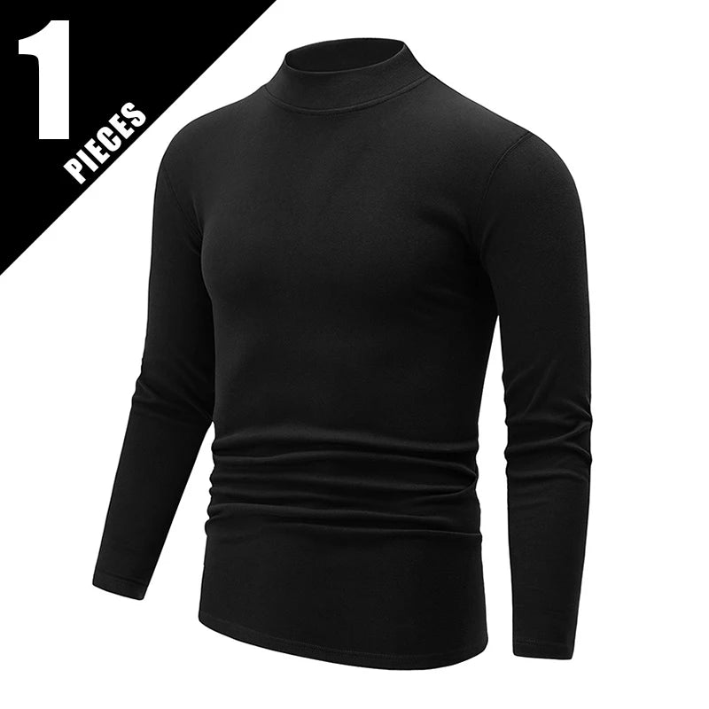 Men's semi-turtleneck long sleeve top worn under jacket