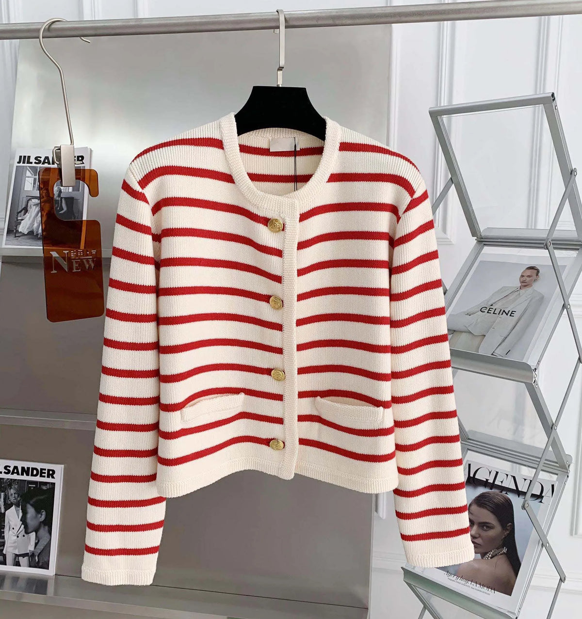 Striped cropped cardigan worn styled outfit pink