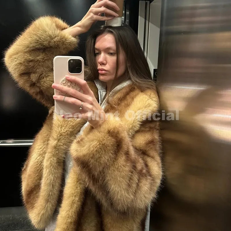 Women's faux fur striped oversized coat front view brown