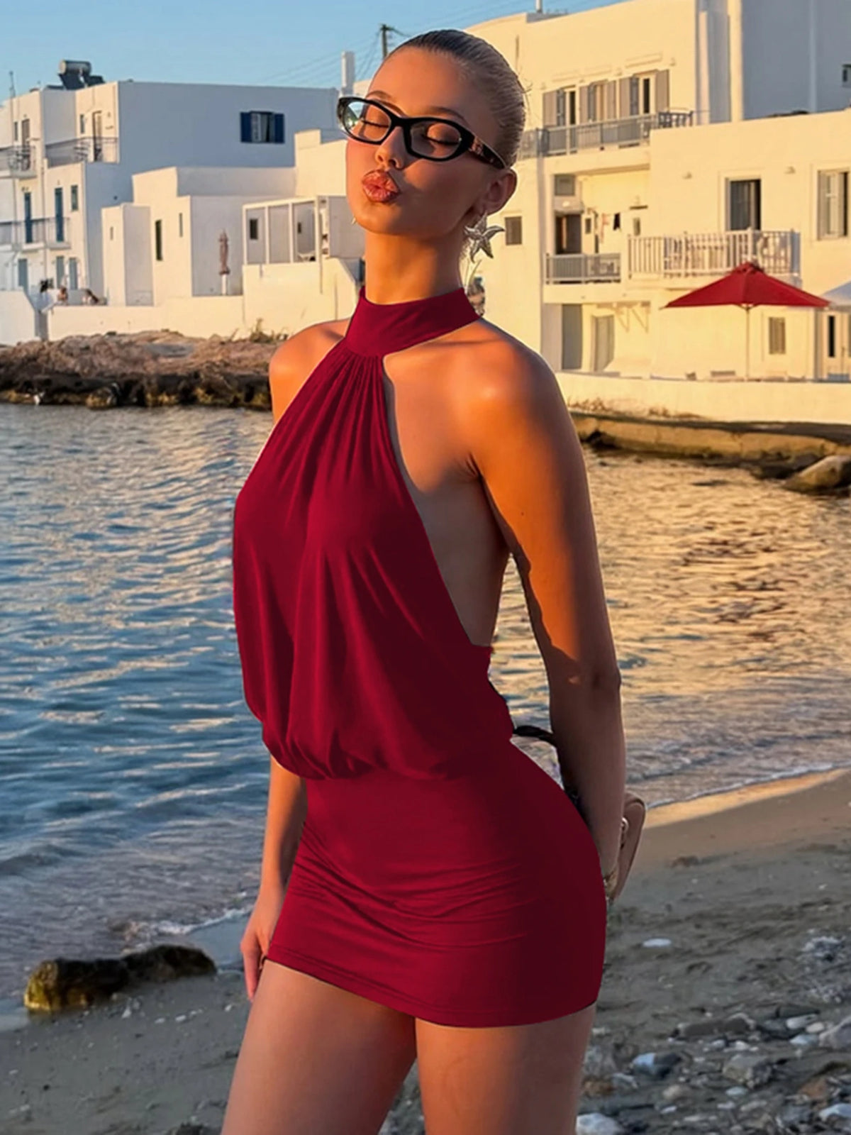 Women's backless halter bodycon mini dress front view wine
