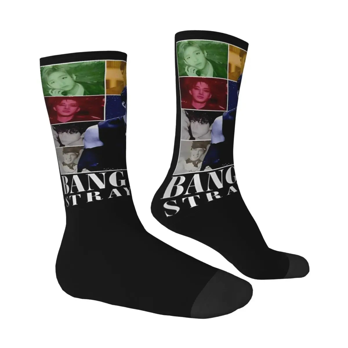 Men's printed skateboard crew socks worn on feet