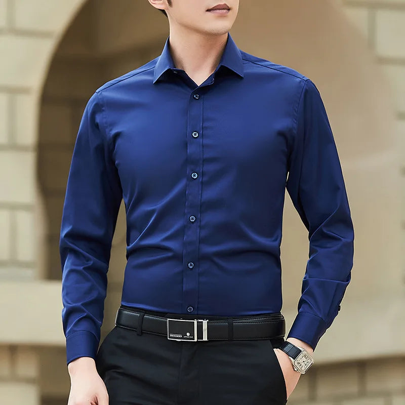 Slim fit business shirt front view navy blue