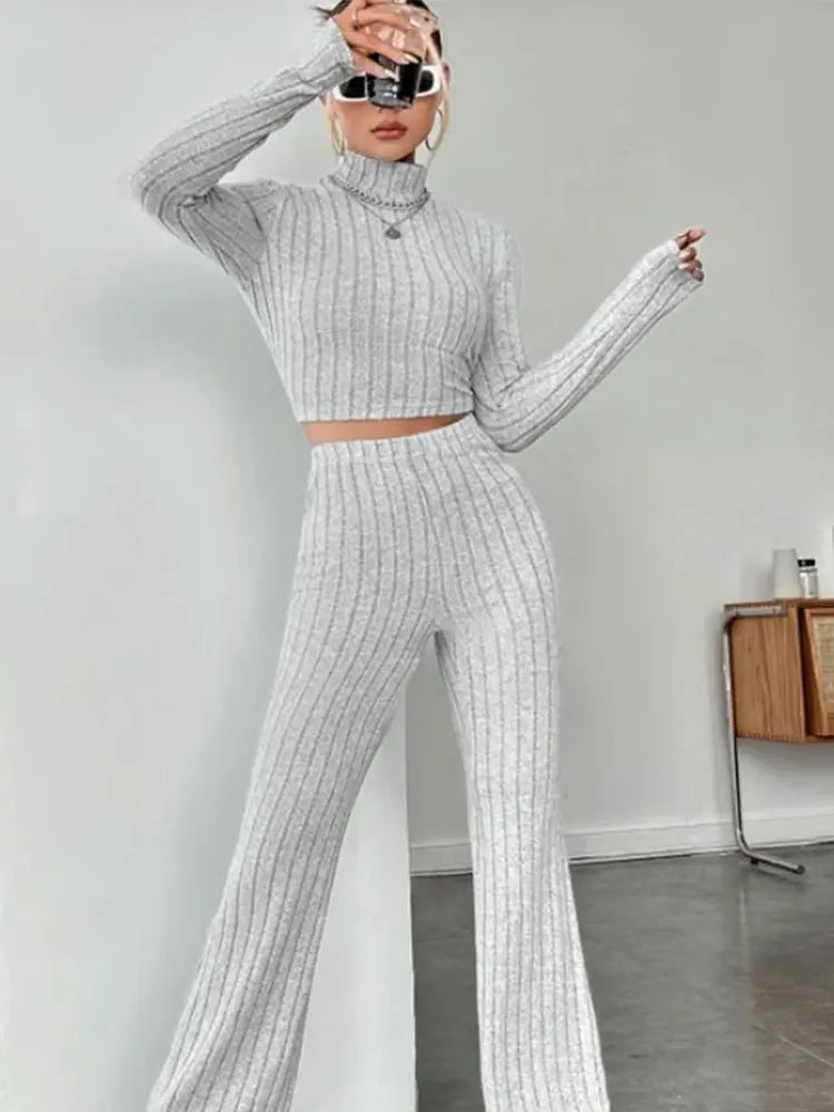 Crop Top and Trumpet Pants Set Stand Collar Two-Piece