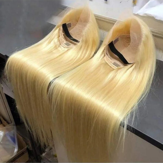 Honey blonde bone straight wig worn on model