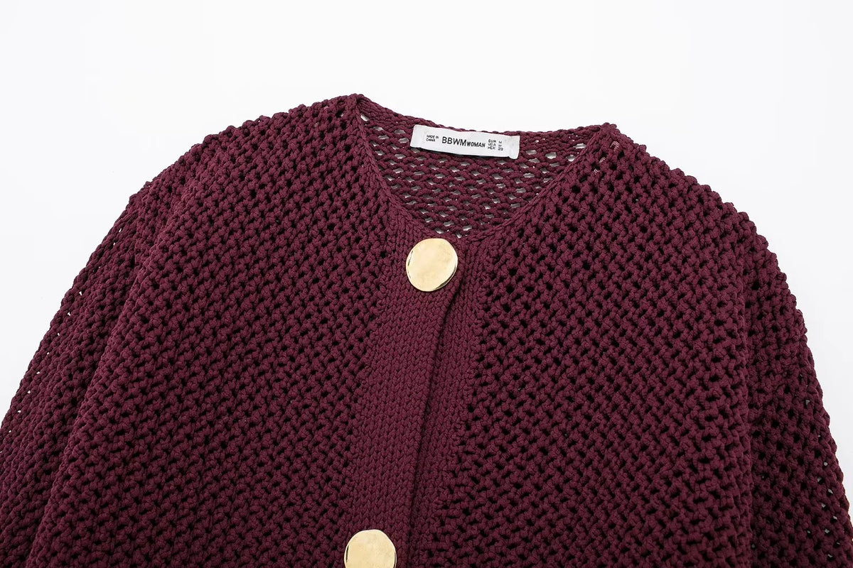 Cropped knit cardigan burgundy close up button closure