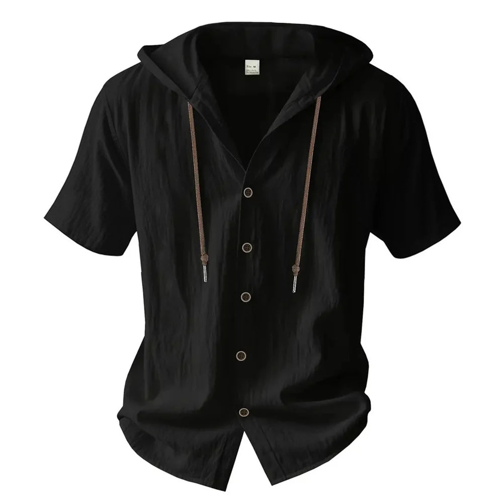 Hooded linen shirt front view white
